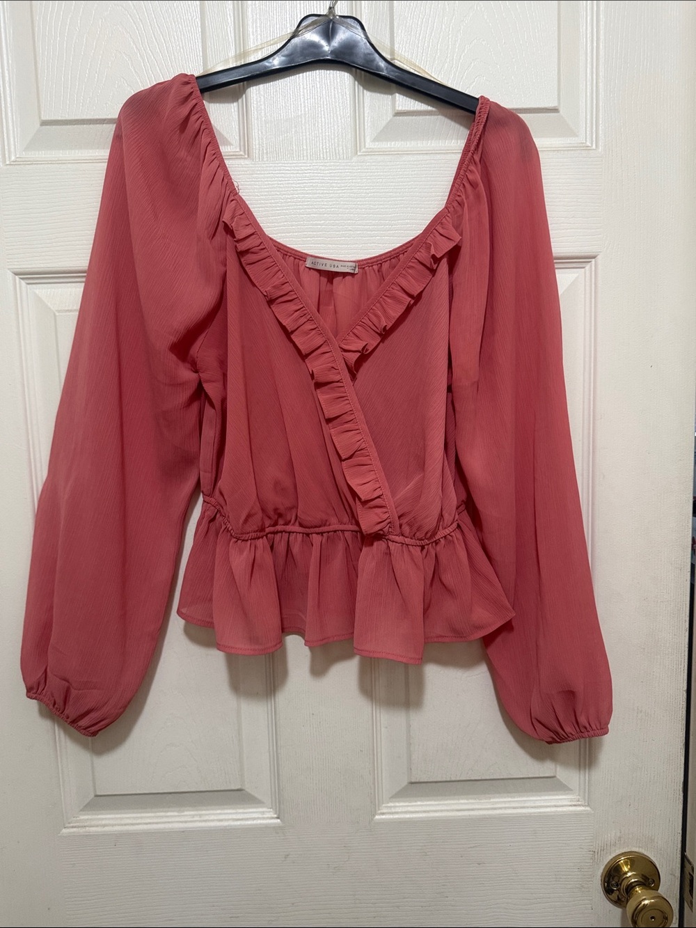 Active USA Rose-Pink Ruffled V-Neck Peplum Blouse